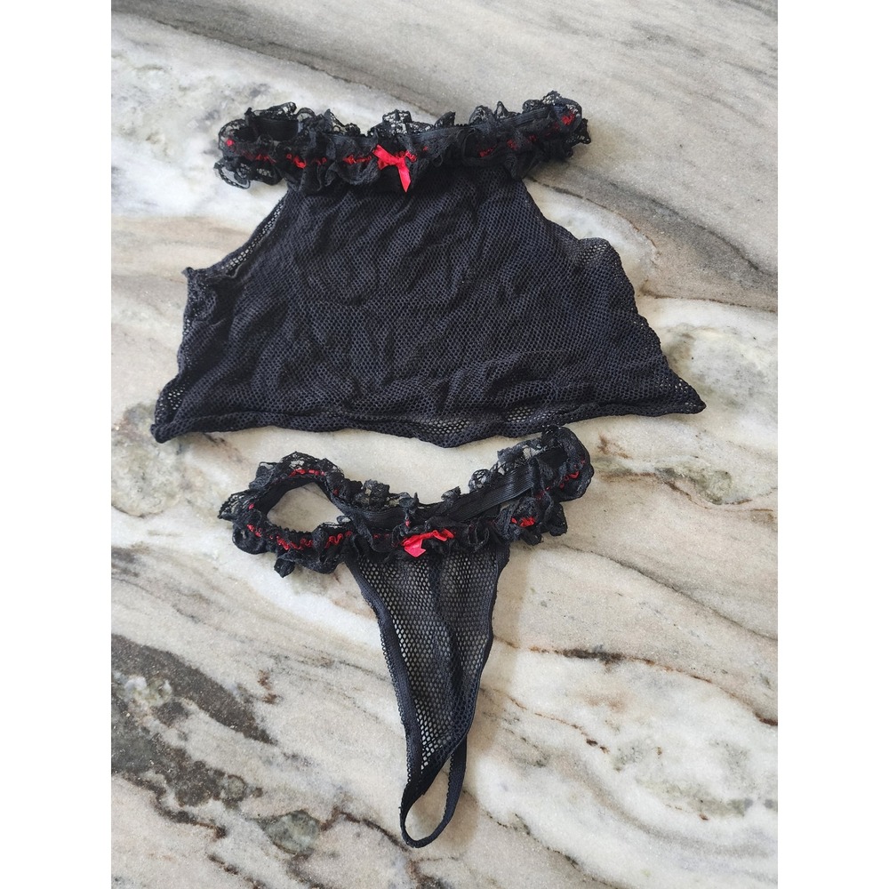 Y2K Black Mesh Lace Ruffle Lingerie Set Off Shoulder Crop Top G-String Red Bows